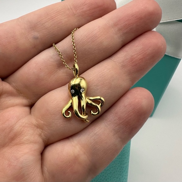 RARE Tiffany & Co. 18K Yellow Gold Diamond Octopus Charm Necklace 18” Packaging - Picture 9 of 13